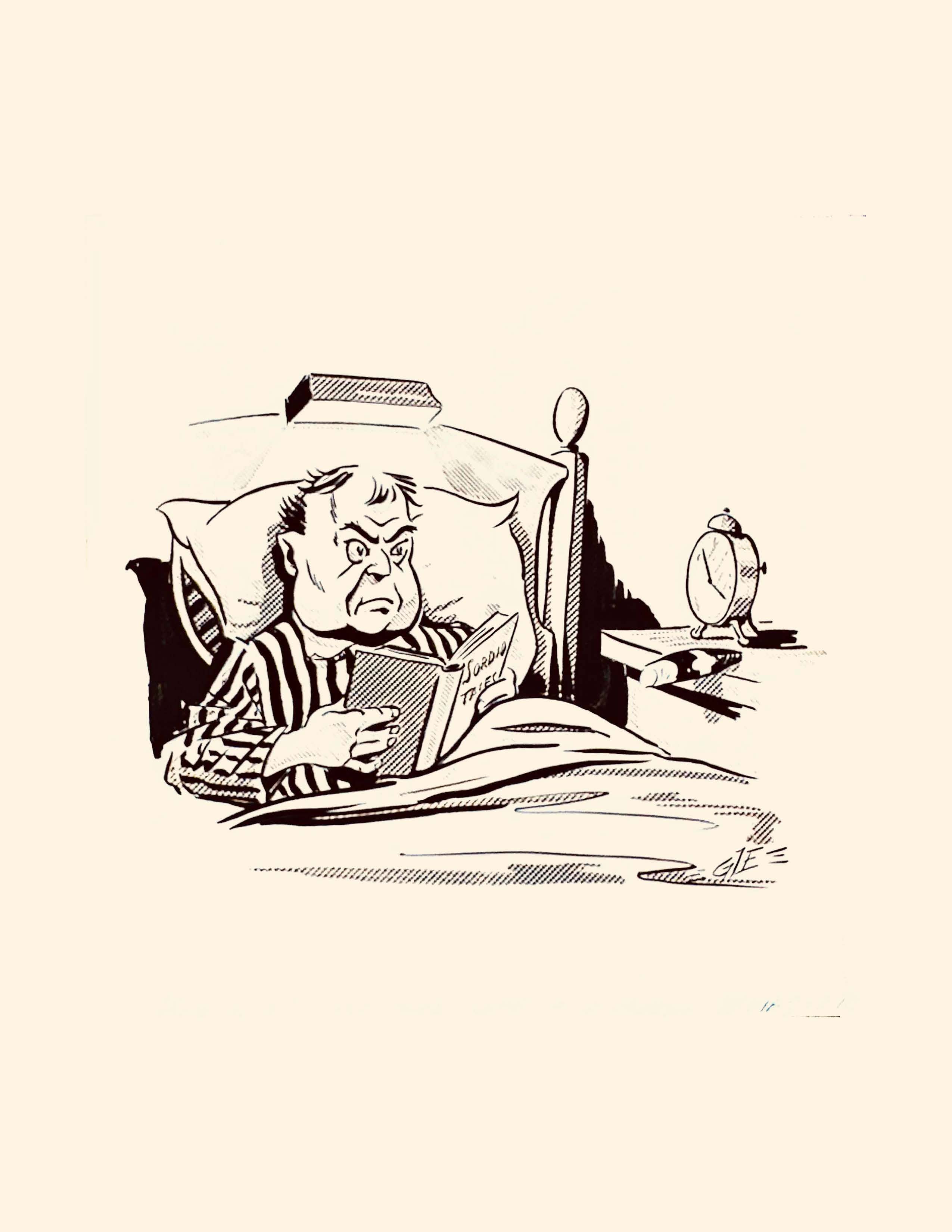 An ink drawing of a scowling man reading in bed, by George J. Evans Jr.